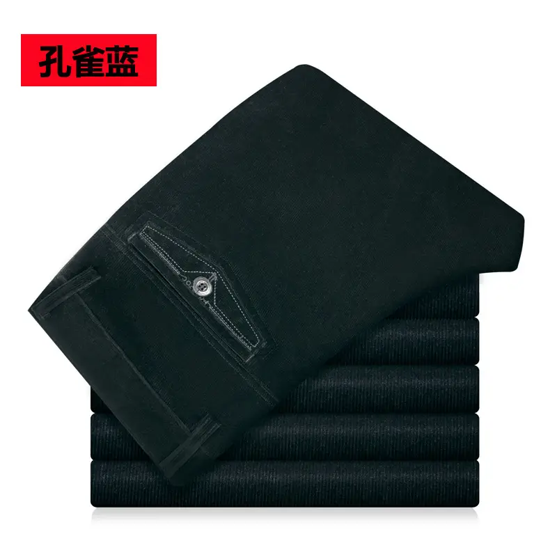 Men's Black High Waist Elastic Corduroy Pants - Image 5