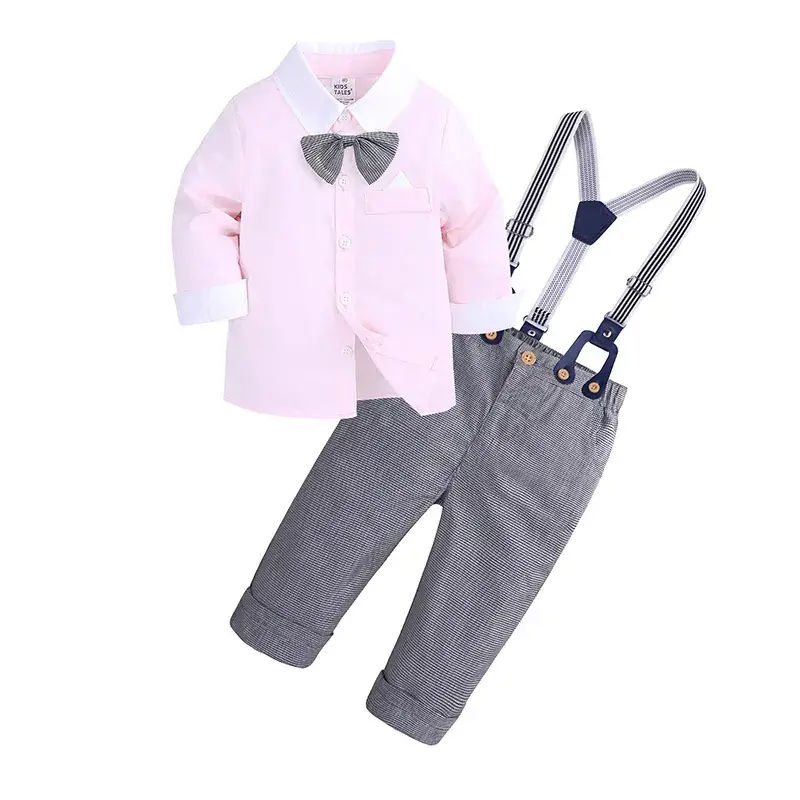 Boys Pink Bowknot Suit with Grey Suspender Pants - Image 2