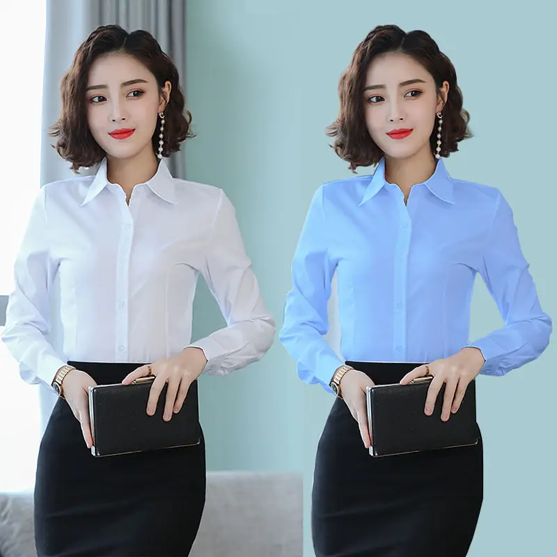 Women's Long Sleeve Professional Shirt White Blue Spring Autumn Korean Style