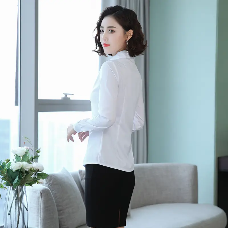 Women's Long Sleeve Professional Shirt White Blue Spring Autumn Korean Style