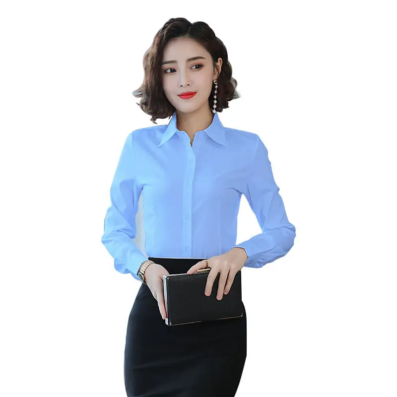 Women's Long Sleeve Professional Shirt White Blue Spring Autumn Korean Style