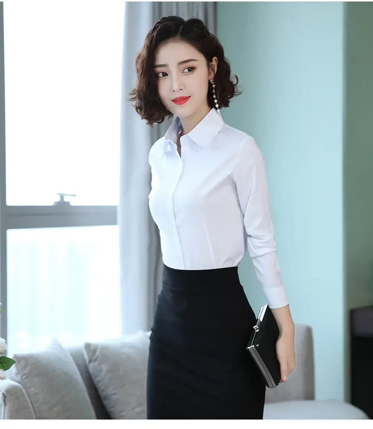 Women's Long Sleeve Professional Shirt White Blue Spring Autumn Korean Style — feature 1