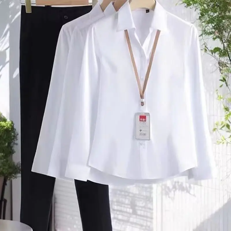 Women's Long Sleeve Professional Shirt White Blue Spring Autumn Korean Style — feature 10