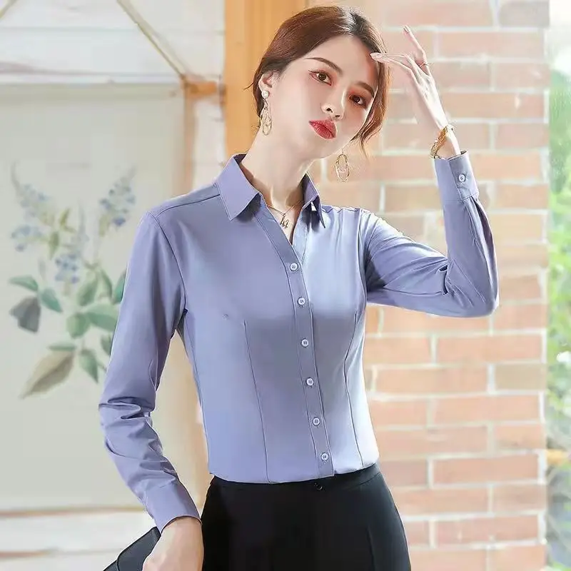 Women's Long Sleeve Professional Shirt White Blue Spring Autumn Korean Style — feature 11