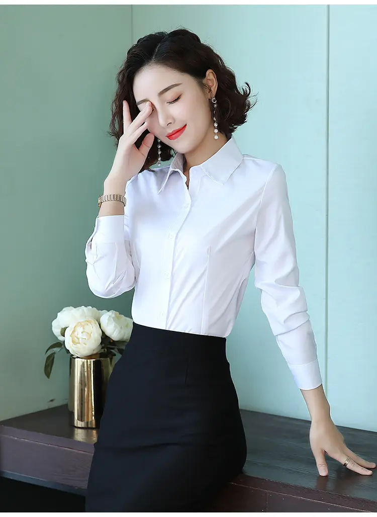 Women's Long Sleeve Professional Shirt White Blue Spring Autumn Korean Style — feature 19