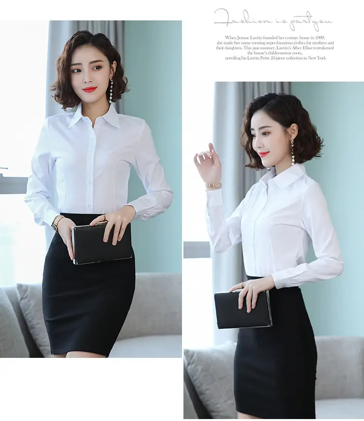 Women's Long Sleeve Professional Shirt White Blue Spring Autumn Korean Style — feature 2