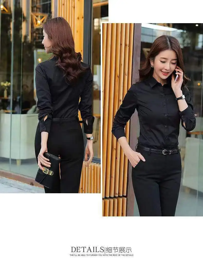 Women's Long Sleeve Professional Shirt White Blue Spring Autumn Korean Style — feature 6