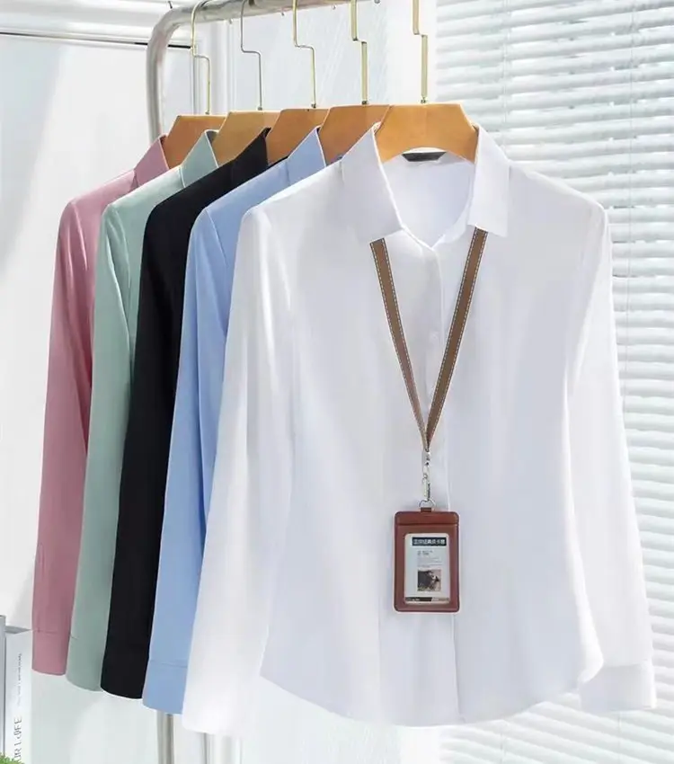 Women's Long Sleeve Professional Shirt White Blue Spring Autumn Korean Style — feature 8
