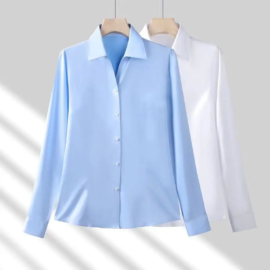 Women's Long Sleeve Professional Shirt White Blue Spring Autumn Korean Style — feature 9