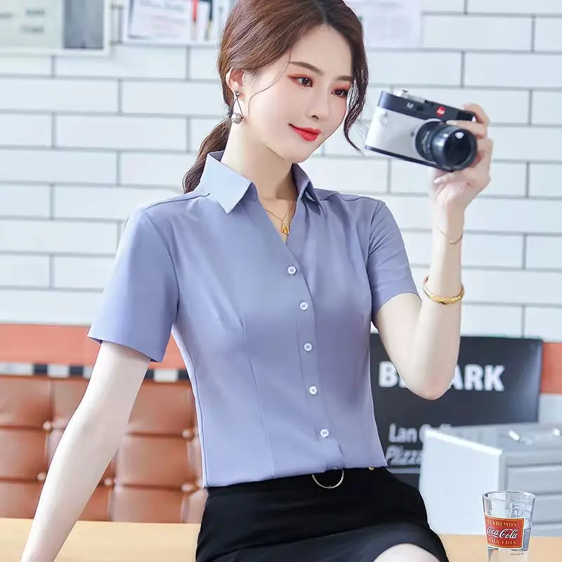 Women's Long Sleeve Professional Shirt White Blue Spring Autumn Korean Style