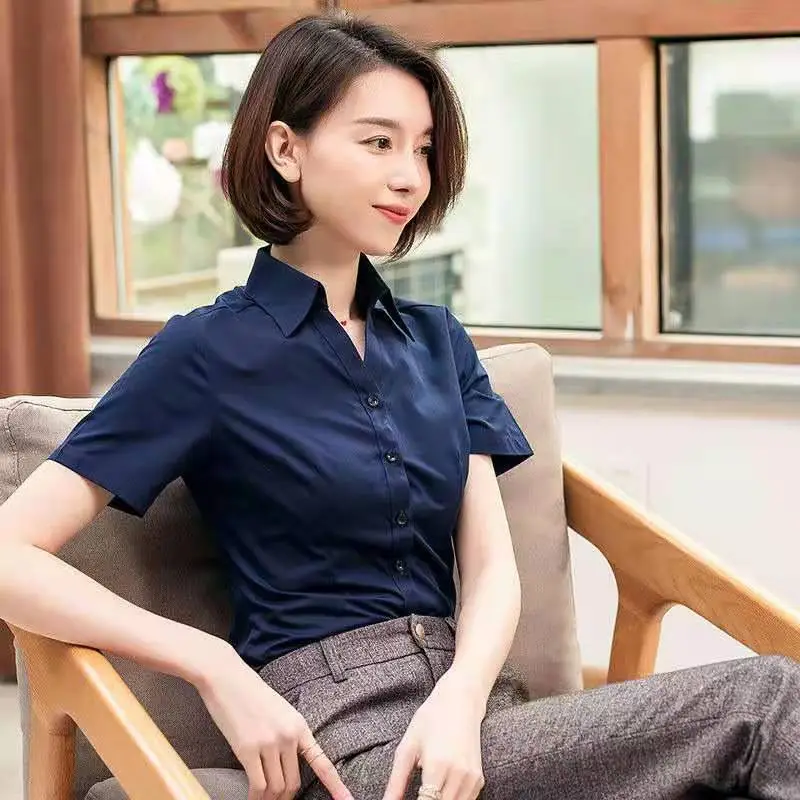Women's Long Sleeve Professional Shirt White Blue Spring Autumn Korean Style
