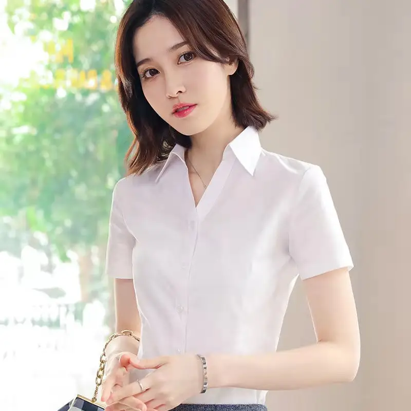 Women's Long Sleeve Professional Shirt White Blue Spring Autumn Korean Style