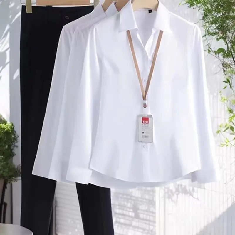 Women's Long Sleeve Professional Shirt White Blue Spring Autumn Korean Style
