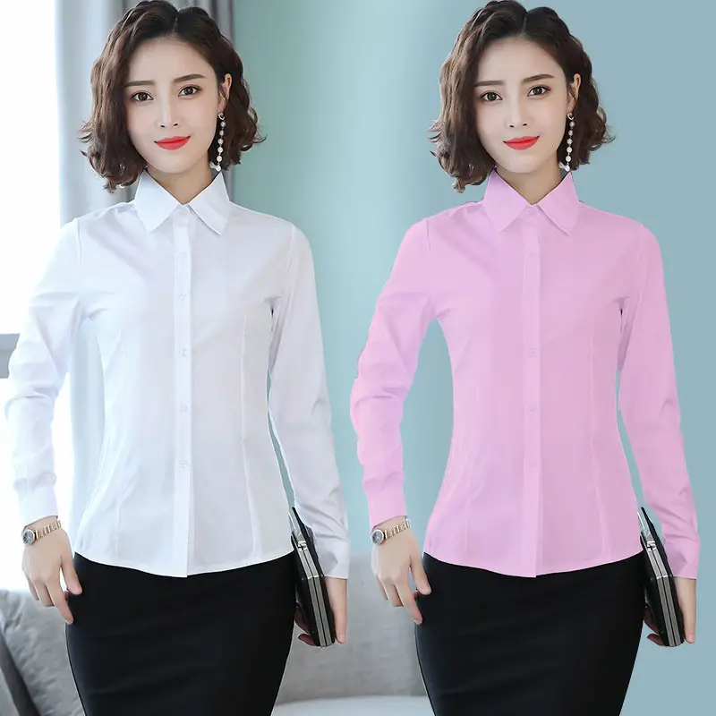 Women's Long Sleeve Professional Shirt White Blue Spring Autumn Korean Style