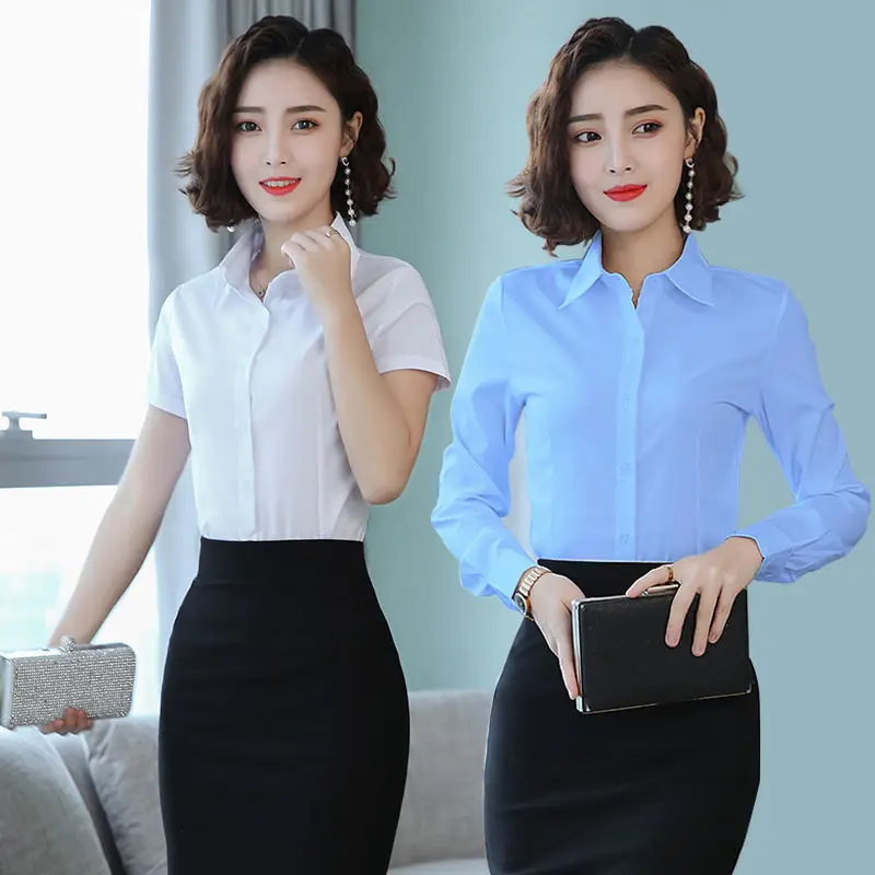 Women's Long Sleeve Professional Shirt White Blue Spring Autumn Korean Style