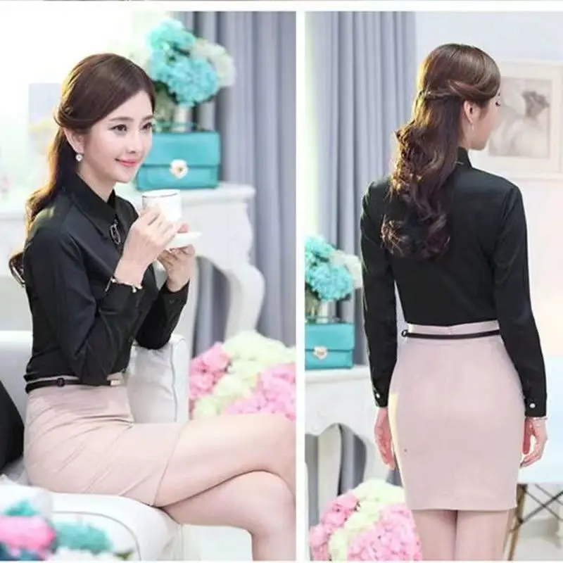 Women's Long Sleeve Professional Shirt White Blue Spring Autumn Korean Style