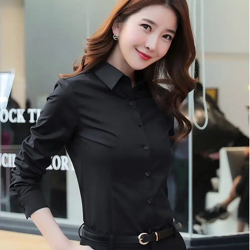 Women's Long Sleeve Professional Shirt White Blue Spring Autumn Korean Style