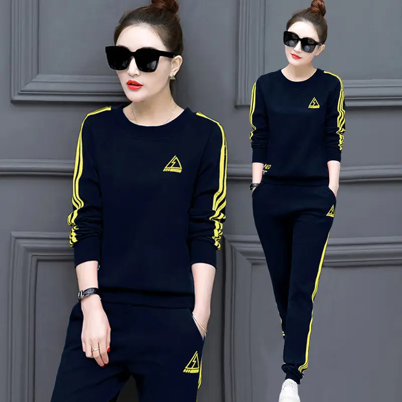 Korean Women's Long Sleeve Track Suit Navy Yellow