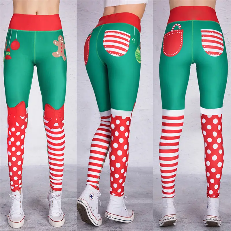 2018 Christmas Printed Sports Pants Red Green Striped - Image 3