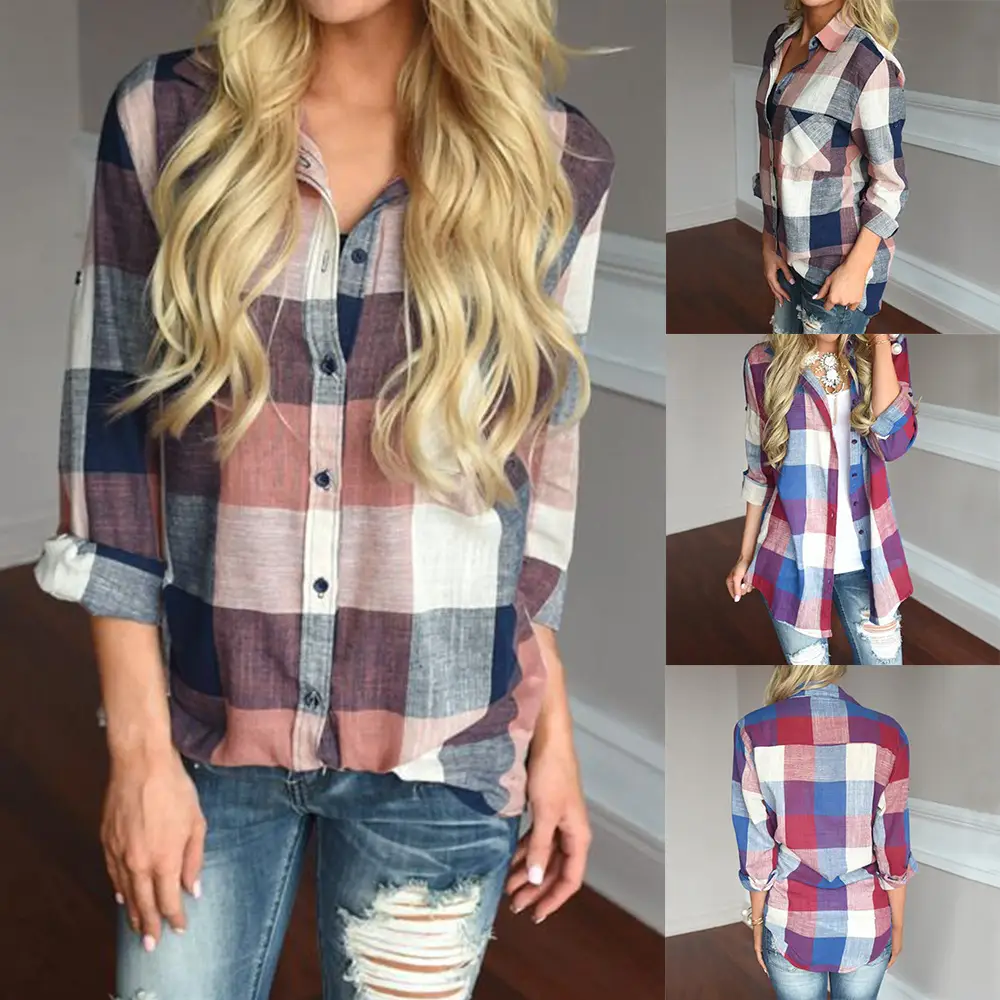 Cross-Border Women's Plaid Shirt Long Sleeve Casual Top - Image 9