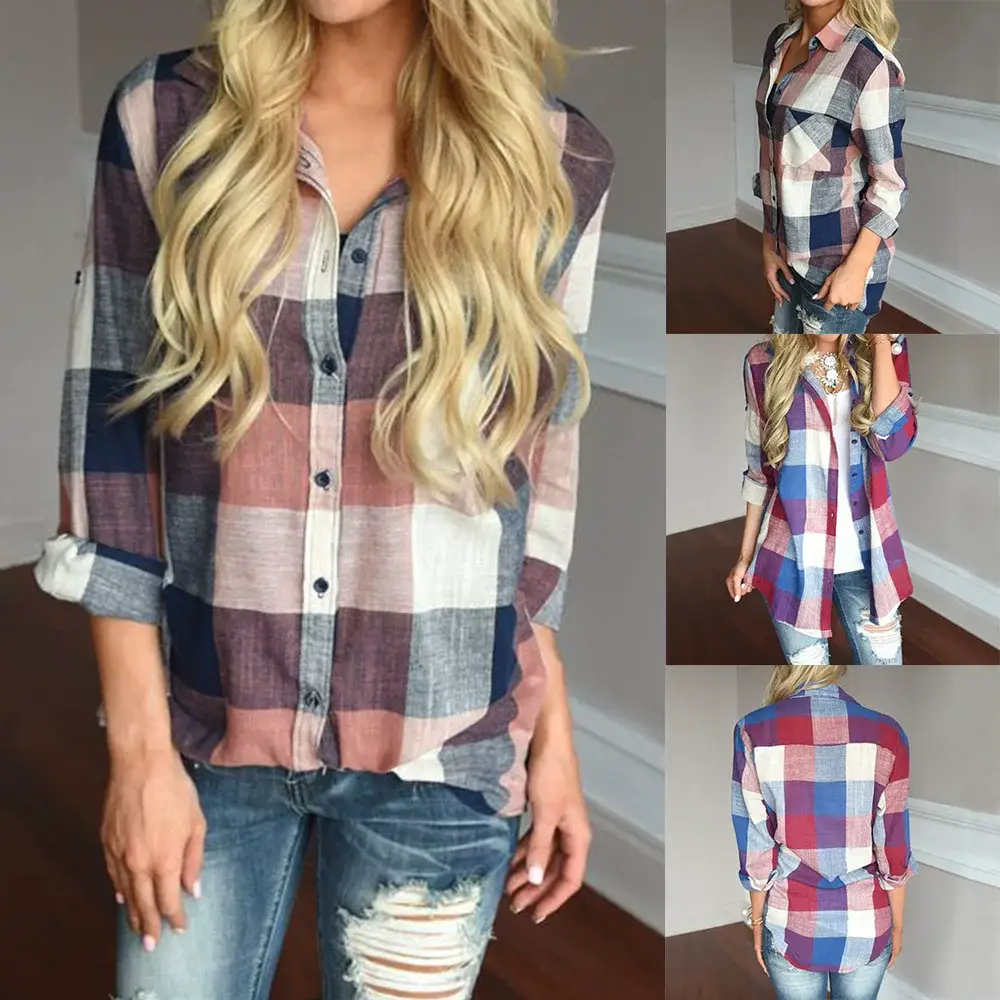 Cross-Border Women's Plaid Shirt Long Sleeve Casual Top — feature 2