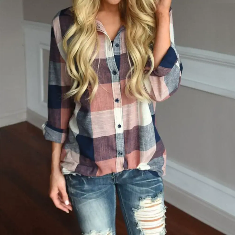 Cross-Border Women's Plaid Shirt Long Sleeve Casual Top — feature 4