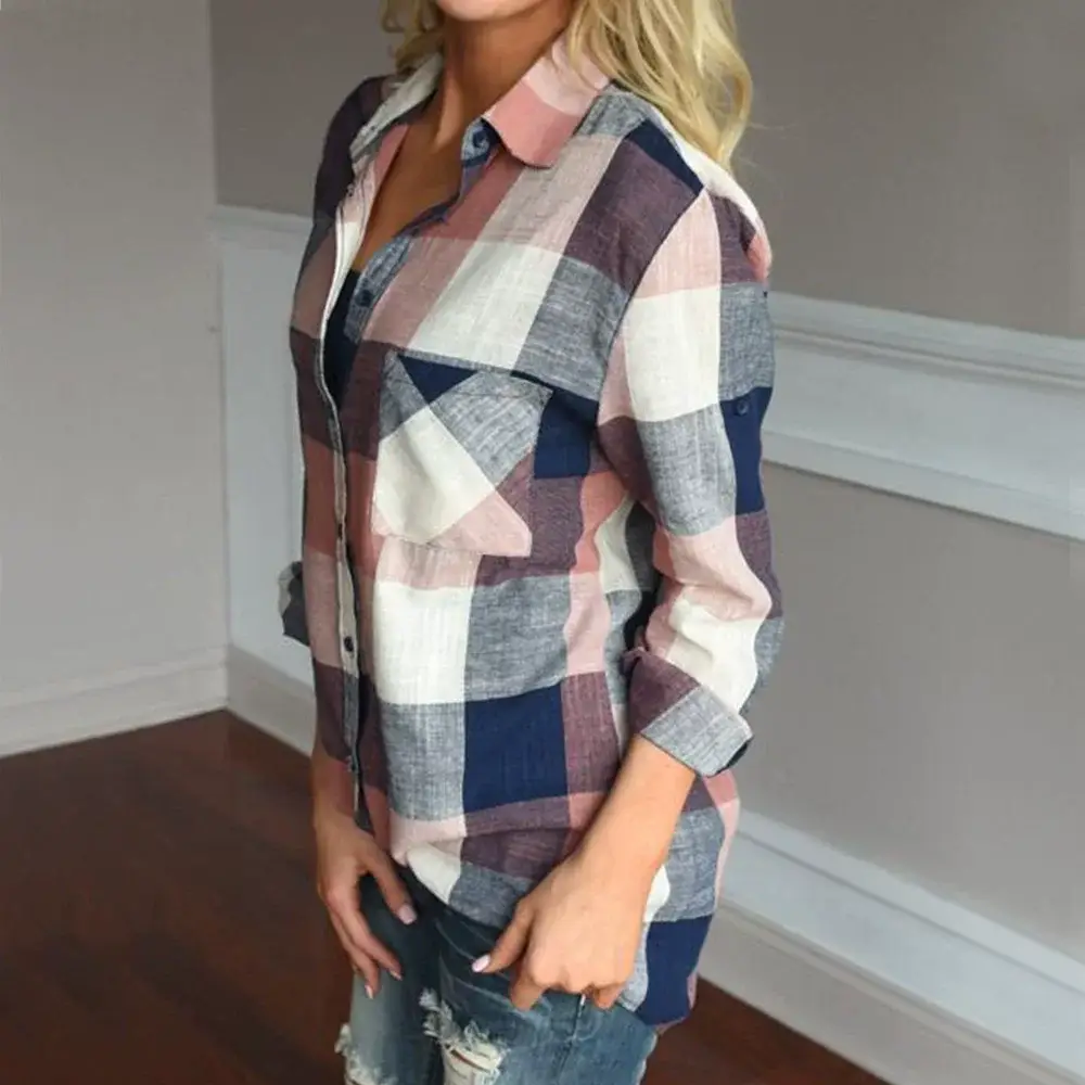 Cross-Border Women's Plaid Shirt Long Sleeve Casual Top — feature 5