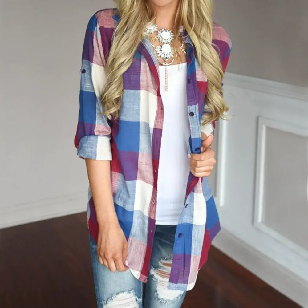 Cross-Border Women's Plaid Shirt Long Sleeve Casual Top — feature 7