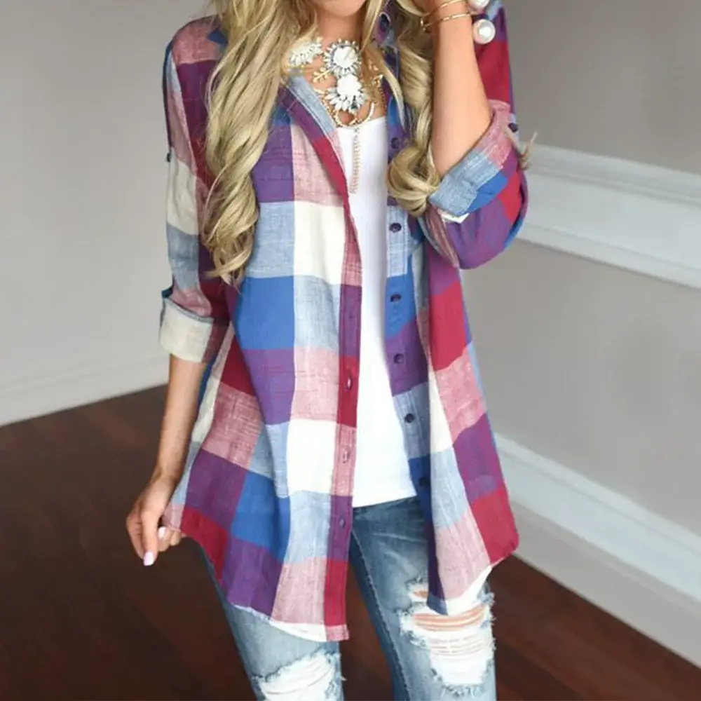 Cross-Border Women's Plaid Shirt Long Sleeve Casual Top — feature 8