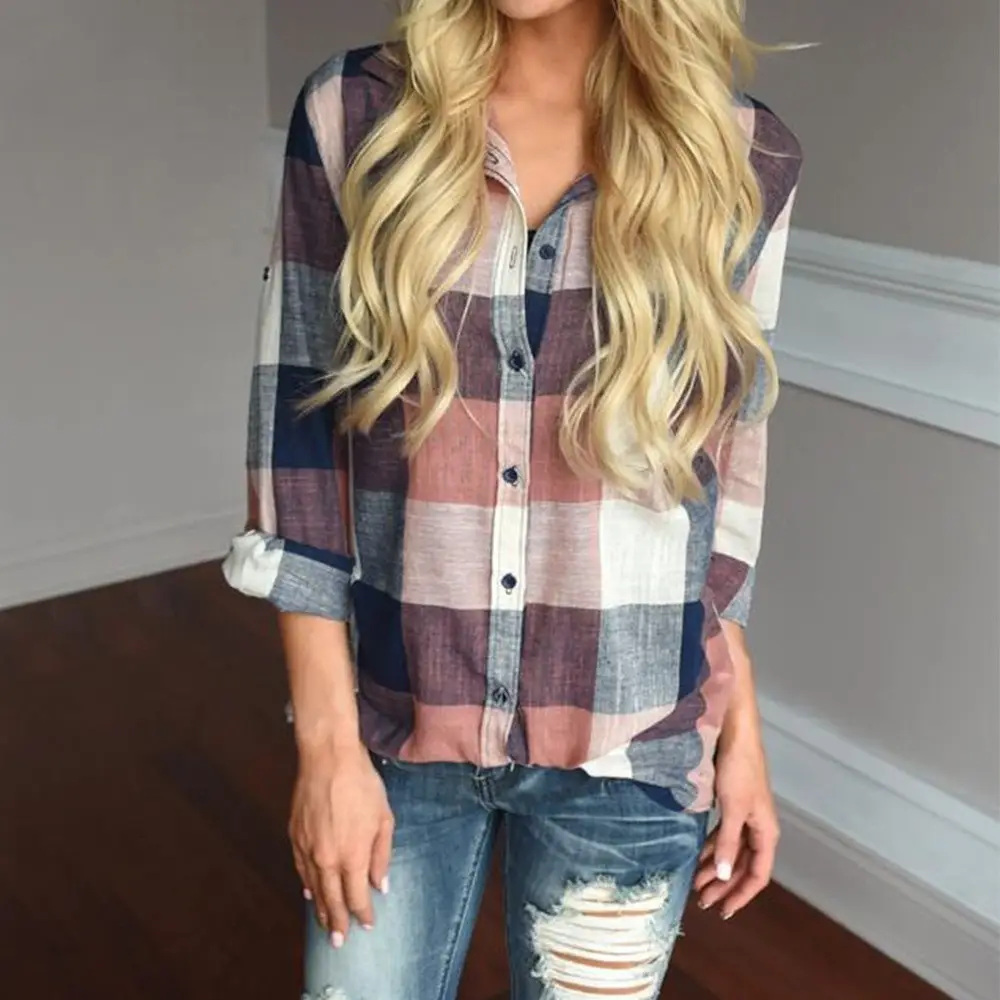 Cross-Border Women's Plaid Shirt Long Sleeve Casual Top - Image 3