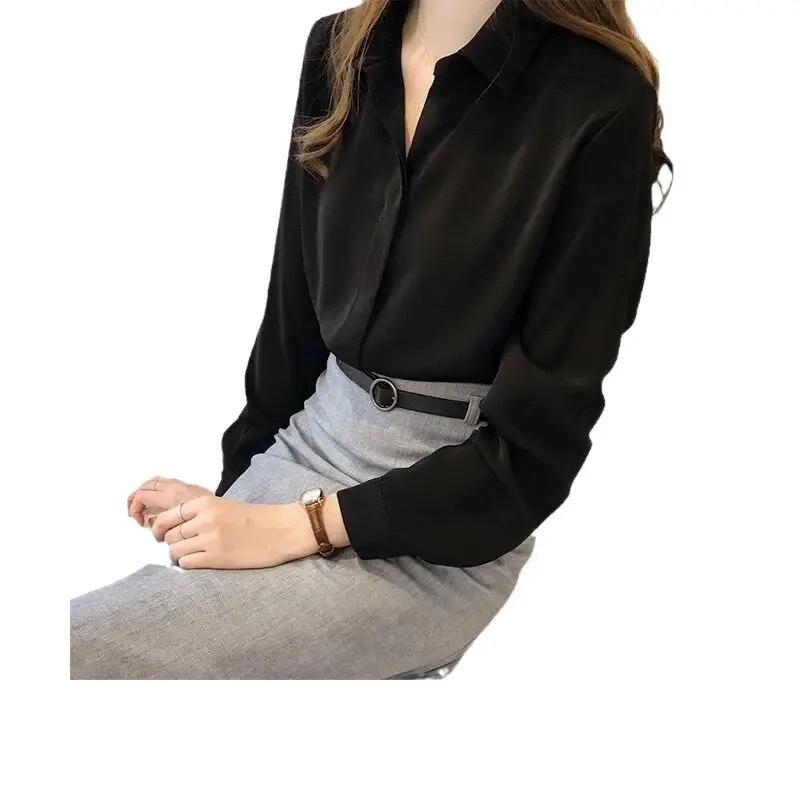 Women Long Sleeve Pure Color Ol Chiffon Shirt Black - Image 4