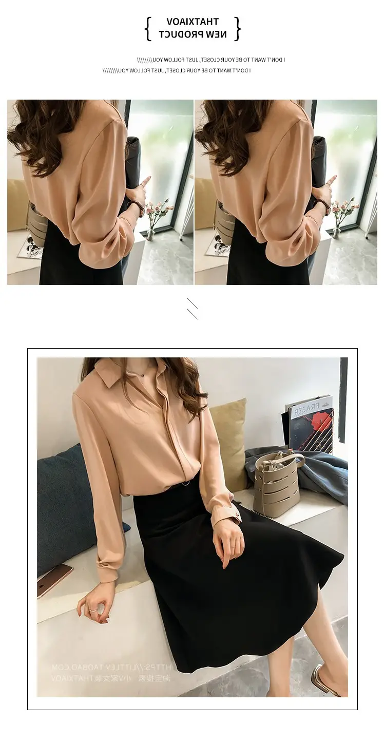Women Long Sleeve Pure Color Ol Chiffon Shirt Black — feature 14