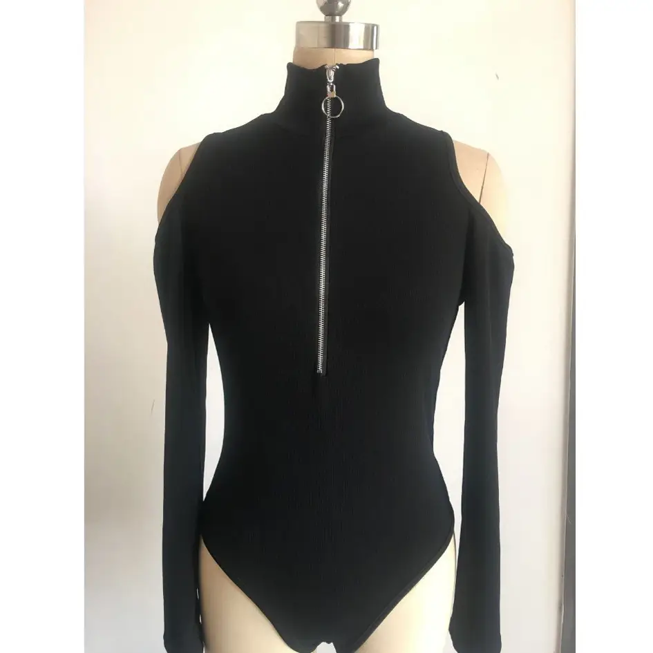 Black Cold Shoulder Zipper Turtleneck Top with Jeans - Image 6