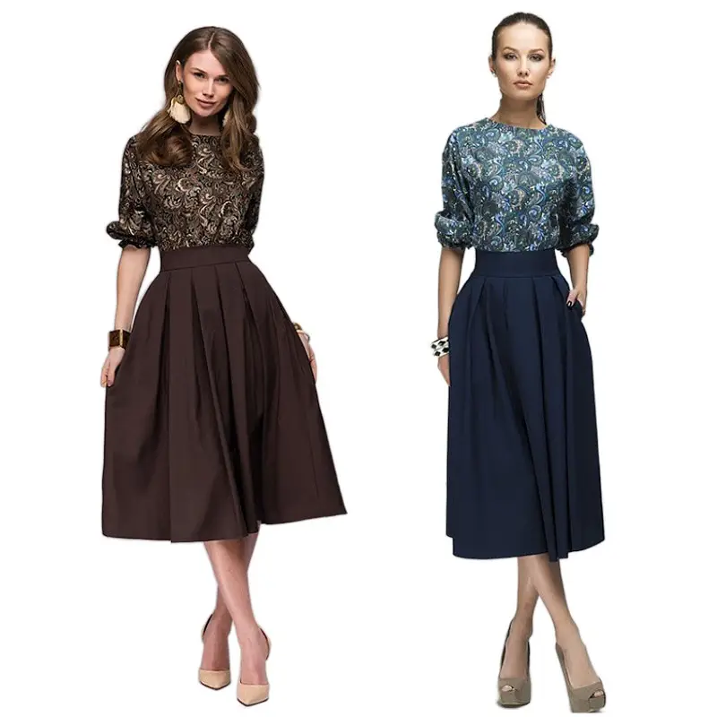 Women's Retro Pleated Dress Brown Contrast Print - Image 3