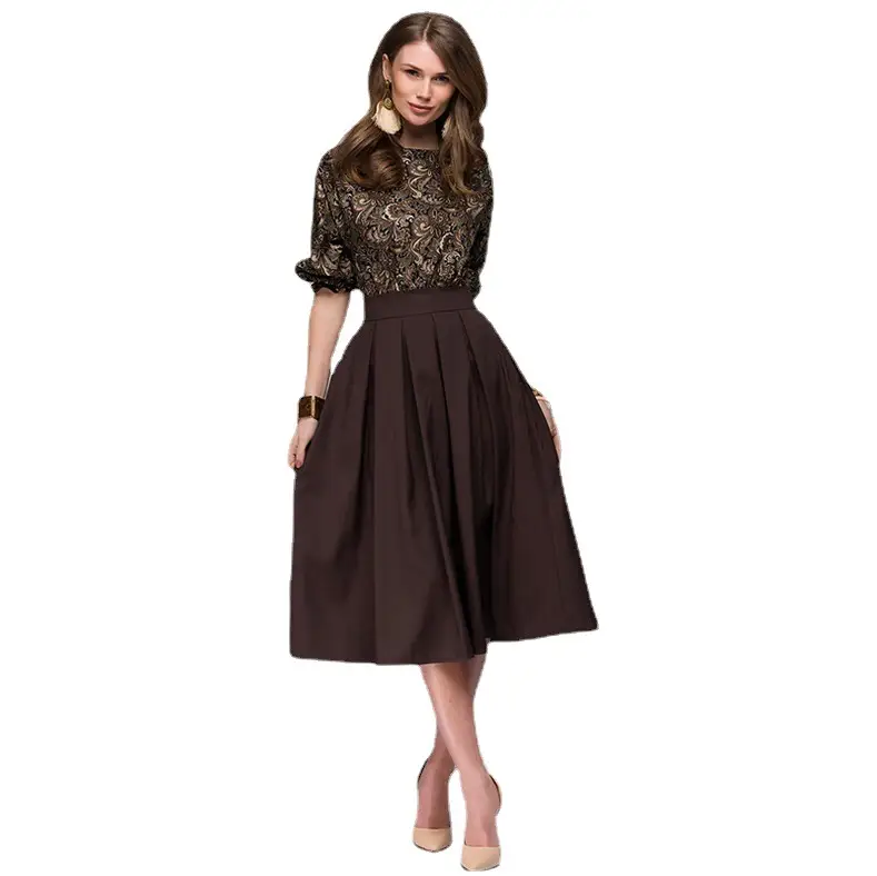 Women's Retro Pleated Dress Brown Contrast Print - Image 5