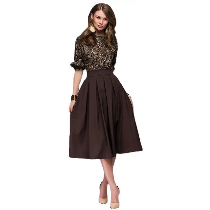 Women's Retro Pleated Dress Brown Contrast Print - Image 6