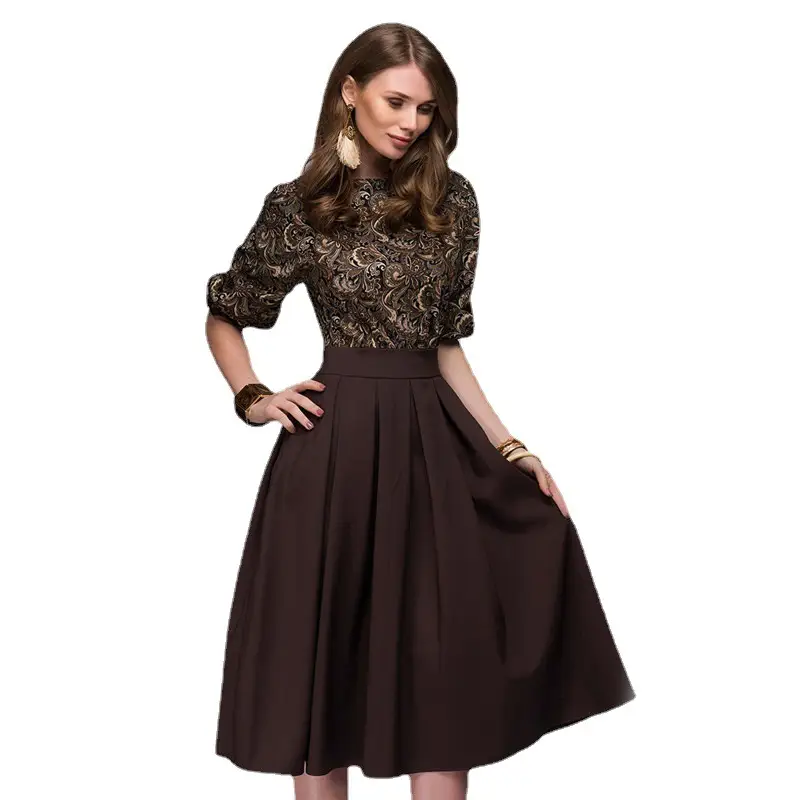 Women's Retro Pleated Dress Brown Contrast Print - Image 7