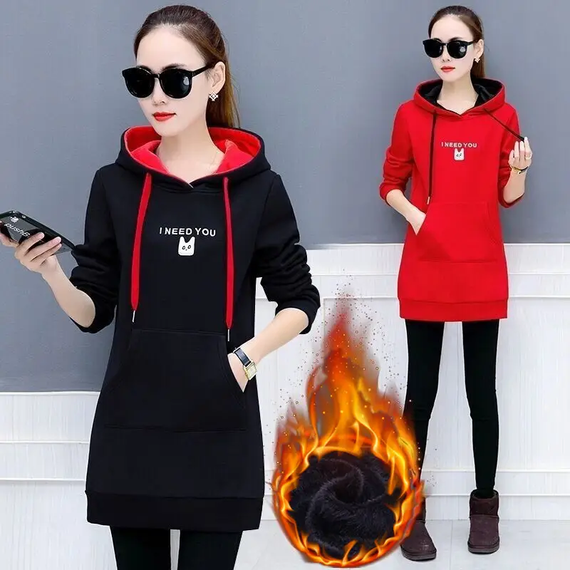 Red Hooded Fleece Pullover for Women Winter Hooded Top - Image 4