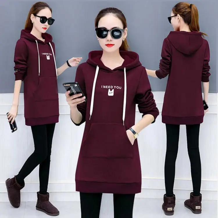 Red Hooded Fleece Pullover for Women Winter Hooded Top - Image 3