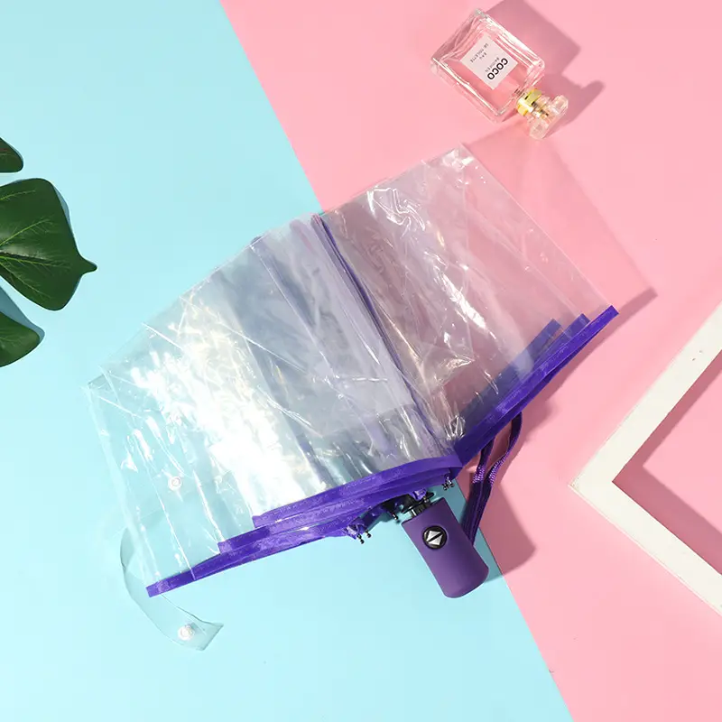 Automatic Transparent Umbrella Small Fresh Folding Three-fold Edge Color Handle - Image 4