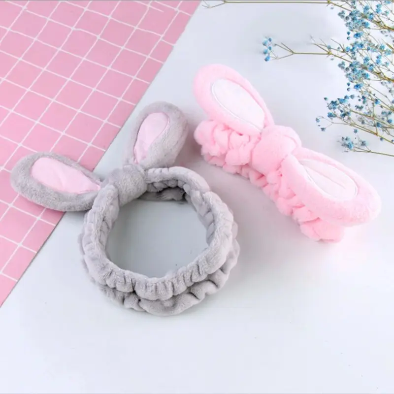 Plush Rabbit Ears Hair Bands for Women Pink Grey