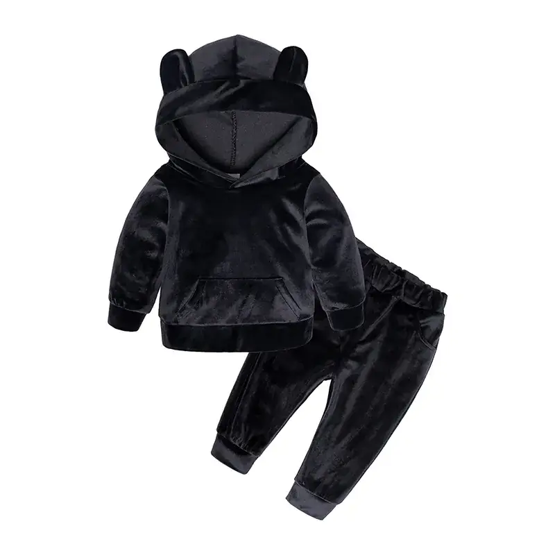 2025 Kids Velvet Hoodie Pants Set Black Korean Style - Image 3
