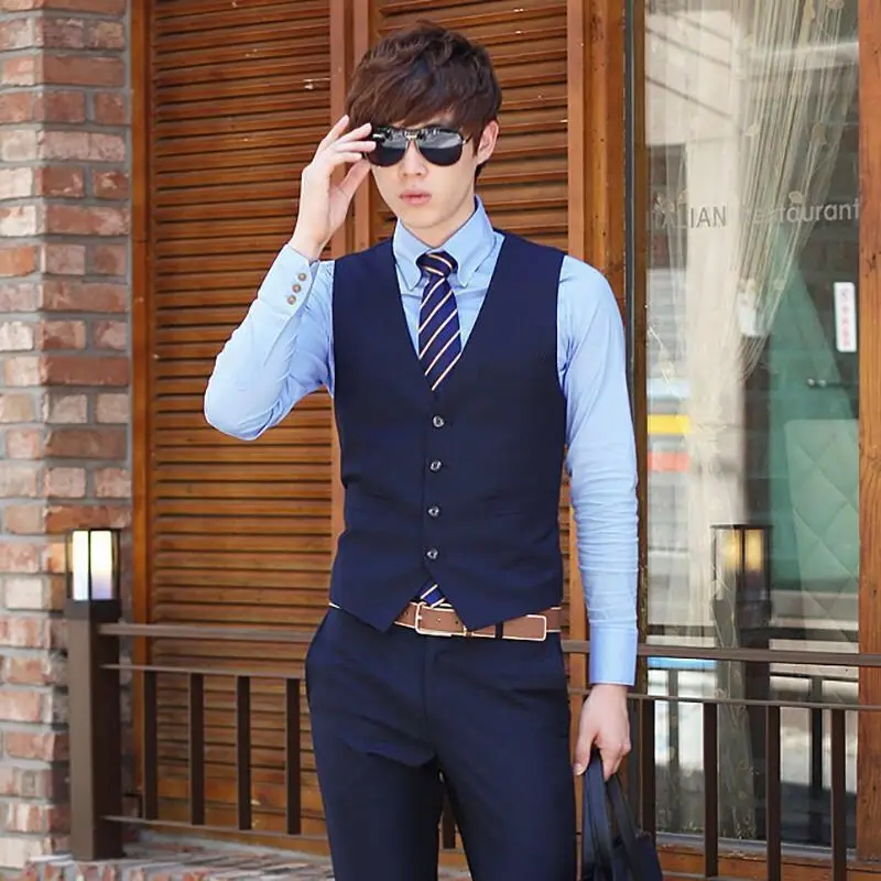 Men's K-Style Slim Vest Navy Blue Button Front
