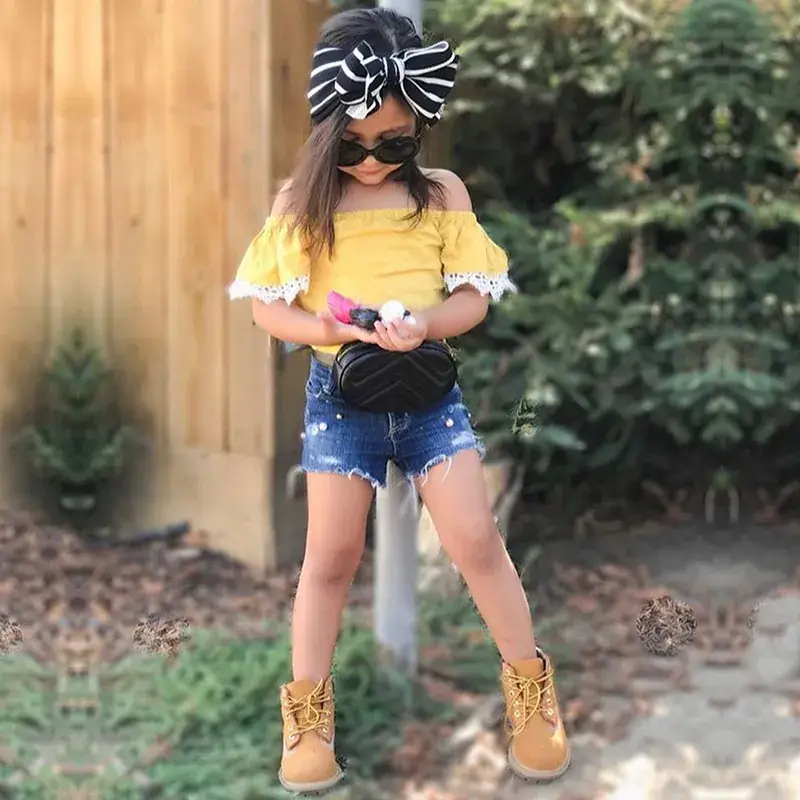 Girls Off-Shoulder Denim Shorts Set Yellow Lace Trim - Image 2
