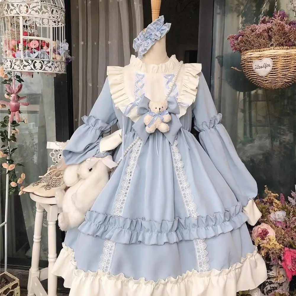 New Year's Lolita Dress Blue Pink Long Sleeve Maid Outfit - Image 4