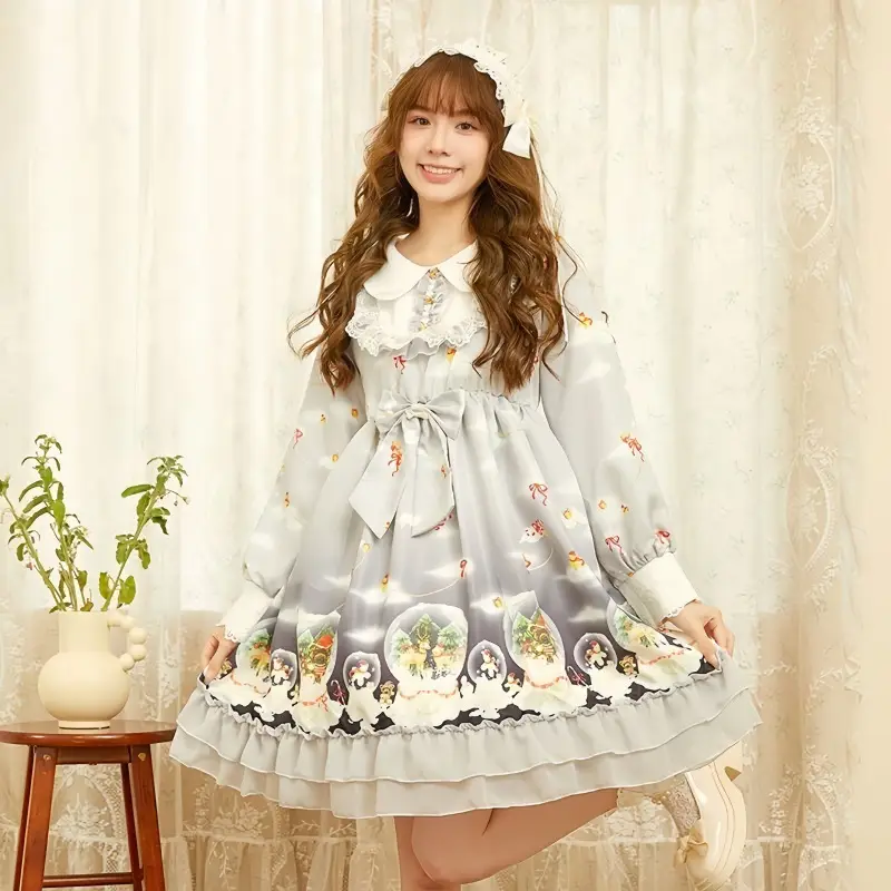 New Year's Lolita Dress Blue Pink Long Sleeve Maid Outfit - Image 5