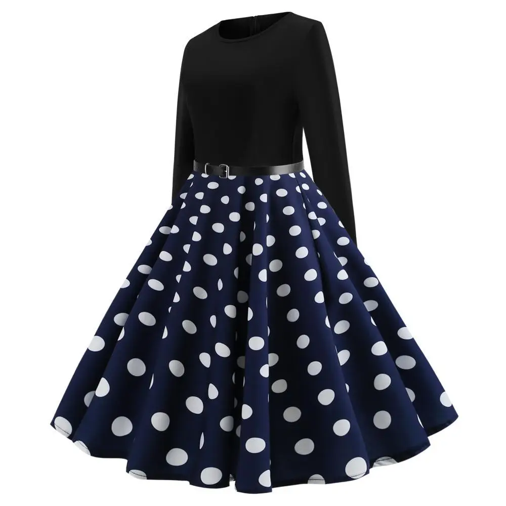 Long Sleeve Polka Dot Skirt Dress Navy Blue - Image 2