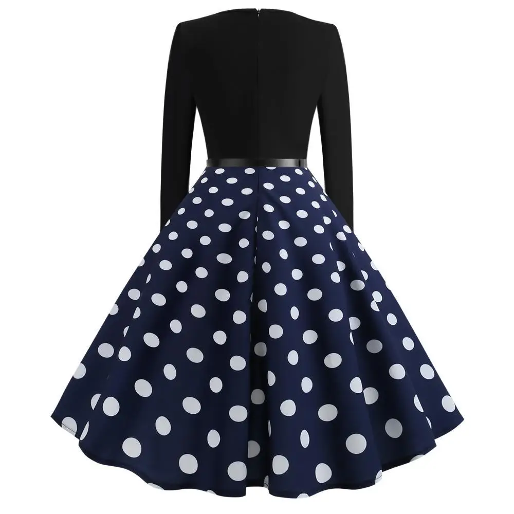 Long Sleeve Polka Dot Skirt Dress Navy Blue - Image 3