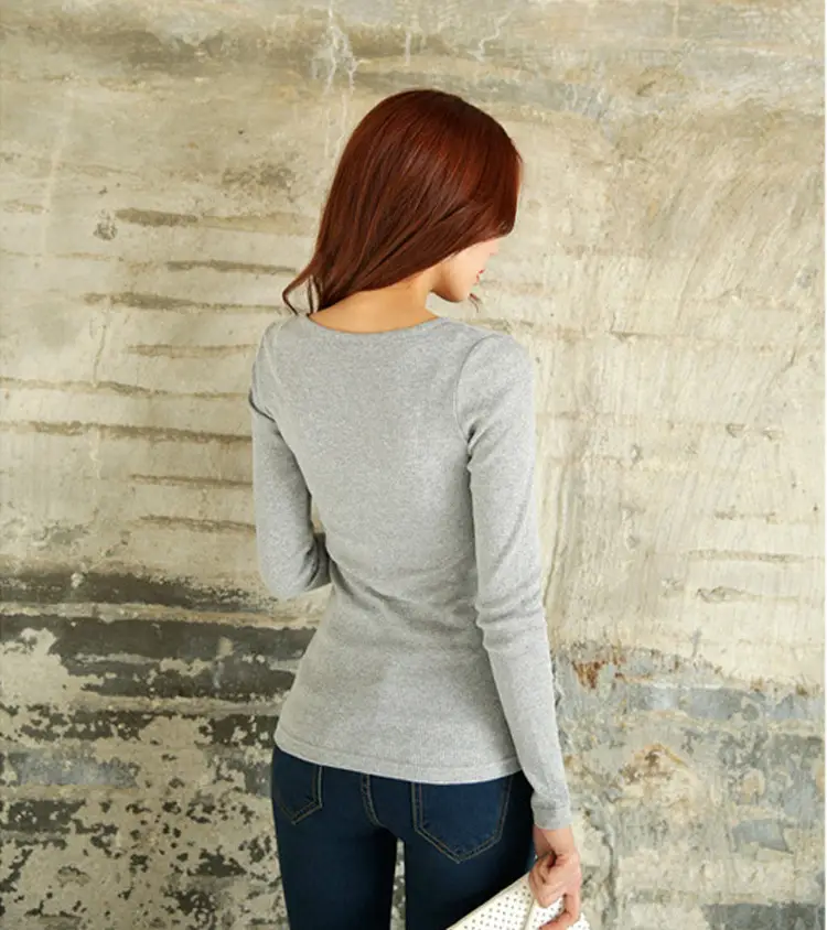 Women Button Long Sleeve T-Shirt Grey Large — feature 8