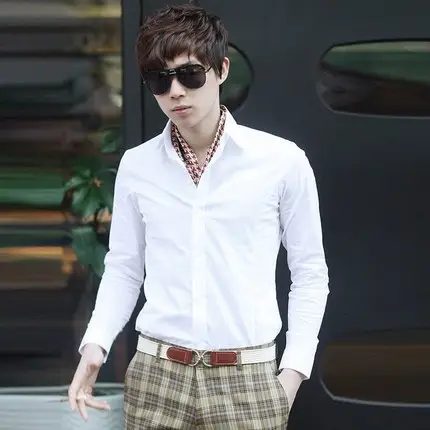 Men Cotton Slim Fit Long Sleeve Shirt Light Blue - Image 23